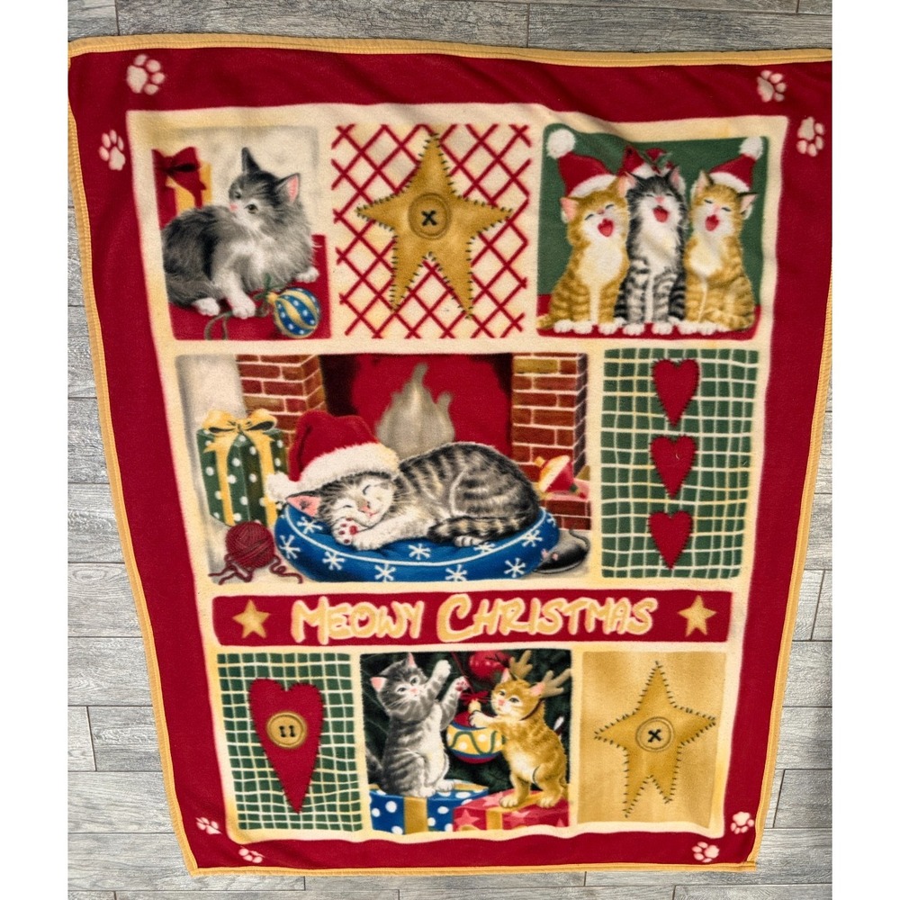 Meowy Christmas Cats Fleece Throw Blanket Holiday Cat‎ Kitten Kitty Cottage Soft
